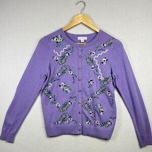 Charter Club Lavender Floral Embroidered Button Front Cardigan Sweater PS